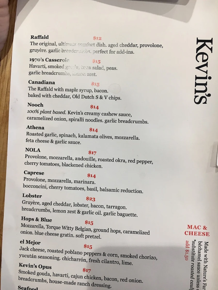 Menu, Kevin's Bistro