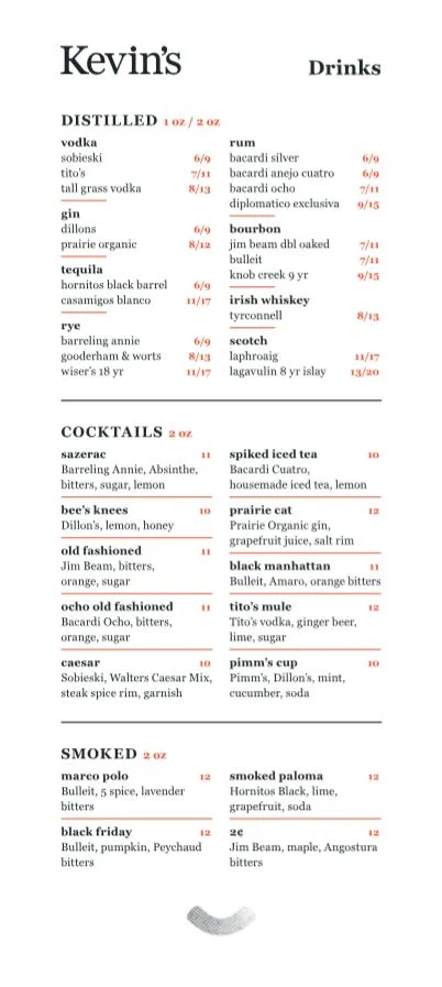 Menu, Kevin's Bistro