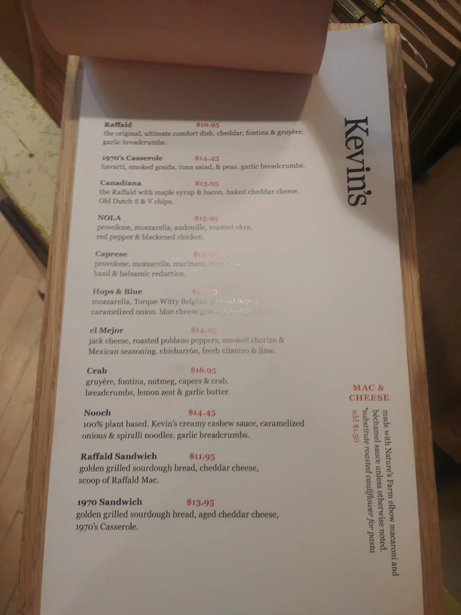 Menu, Kevin's Bistro
