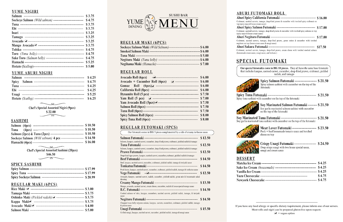 Menu, Yume Dining