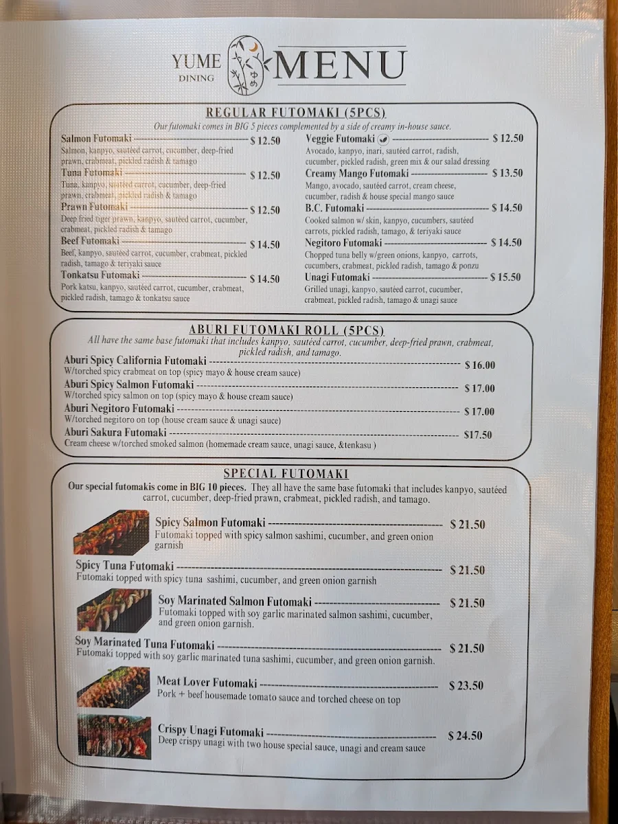 Menu, Yume Dining