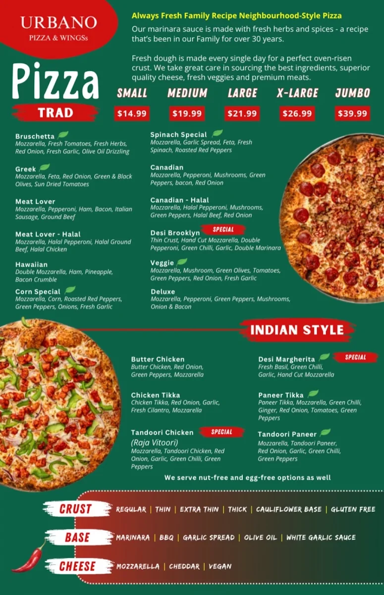 Menu, Urbano Pizza & Wingss