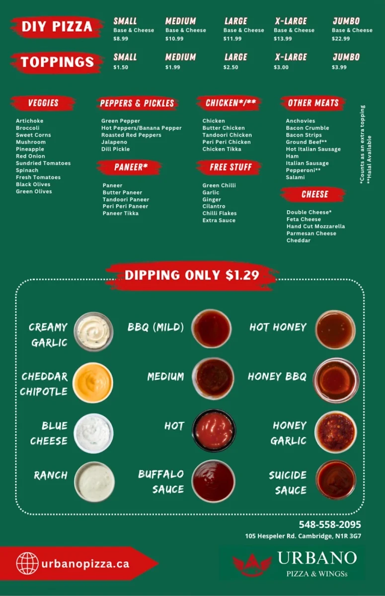 Menu, Urbano Pizza & Wingss