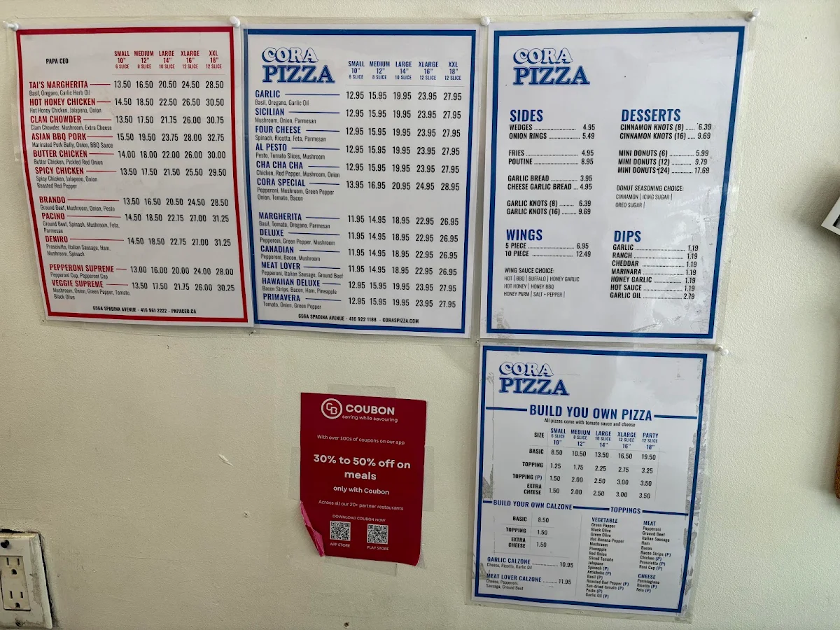 Menu, Cora Pizza