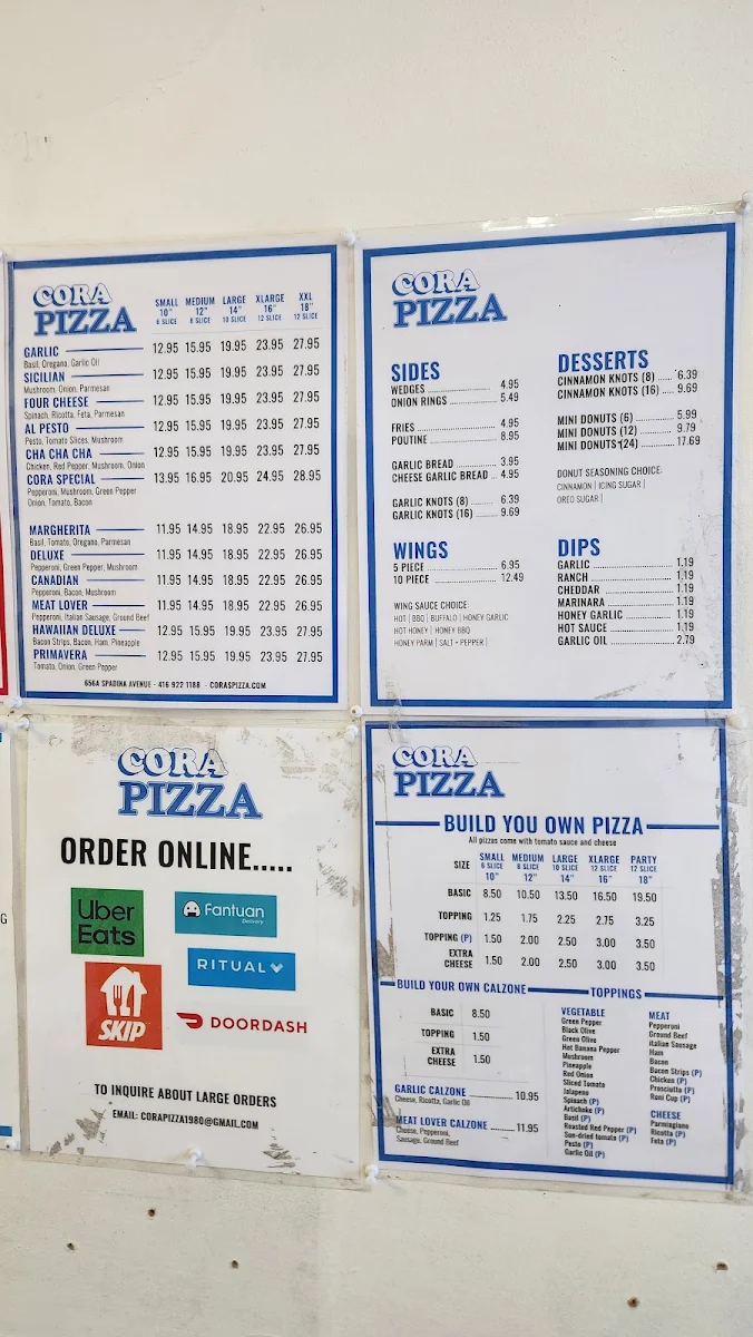 Menu, Cora Pizza