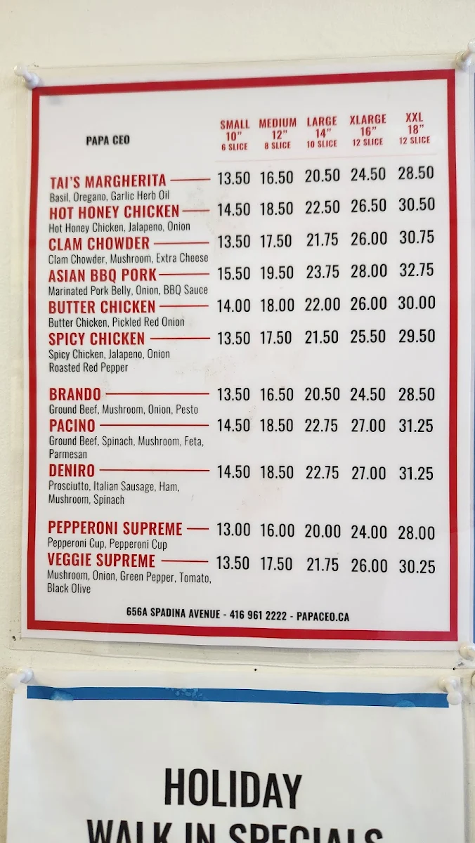 Menu, Cora Pizza