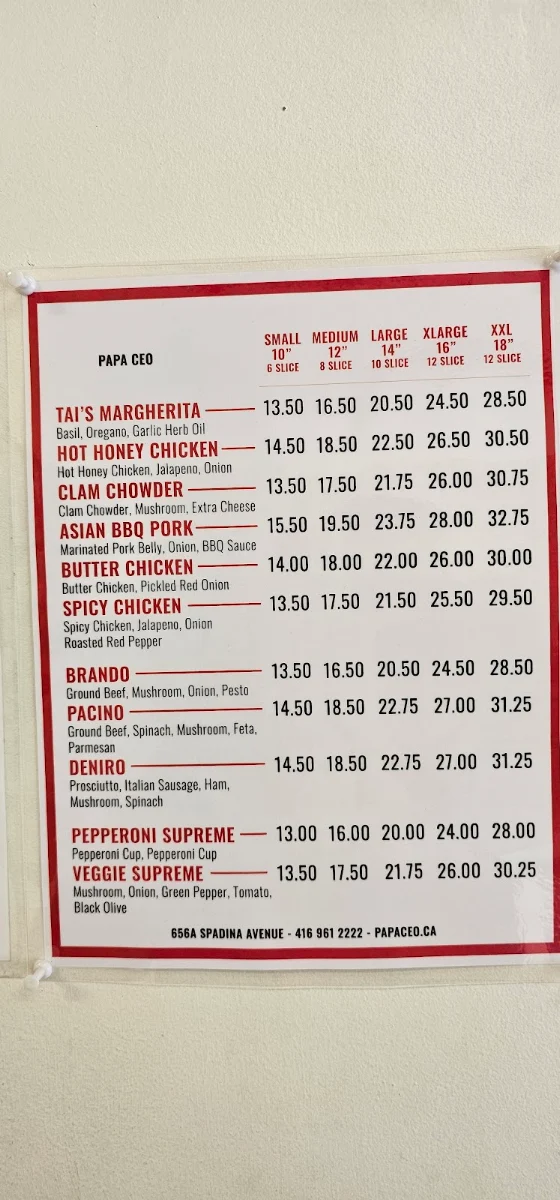 Menu, Cora Pizza