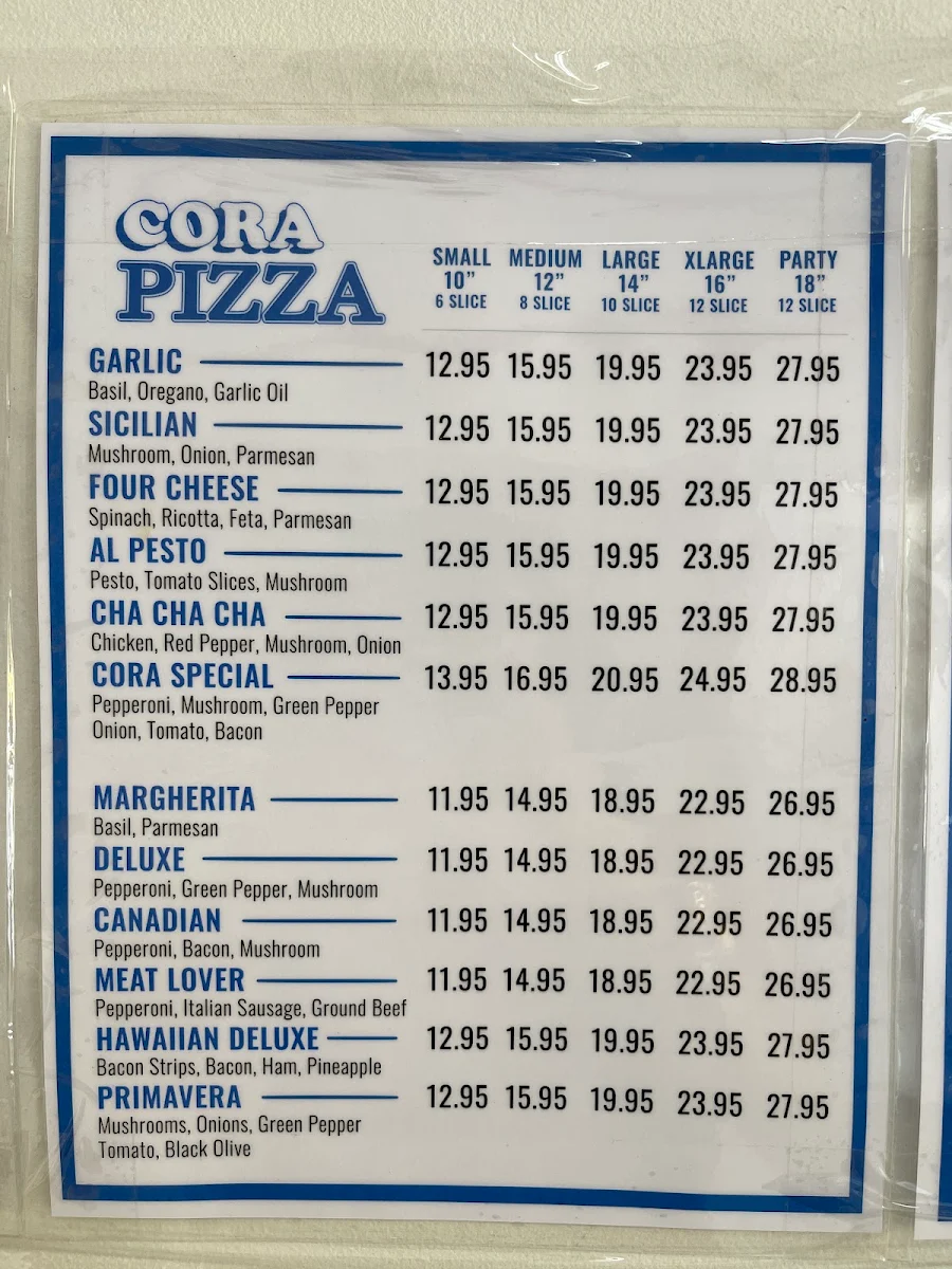 Menu, Cora Pizza