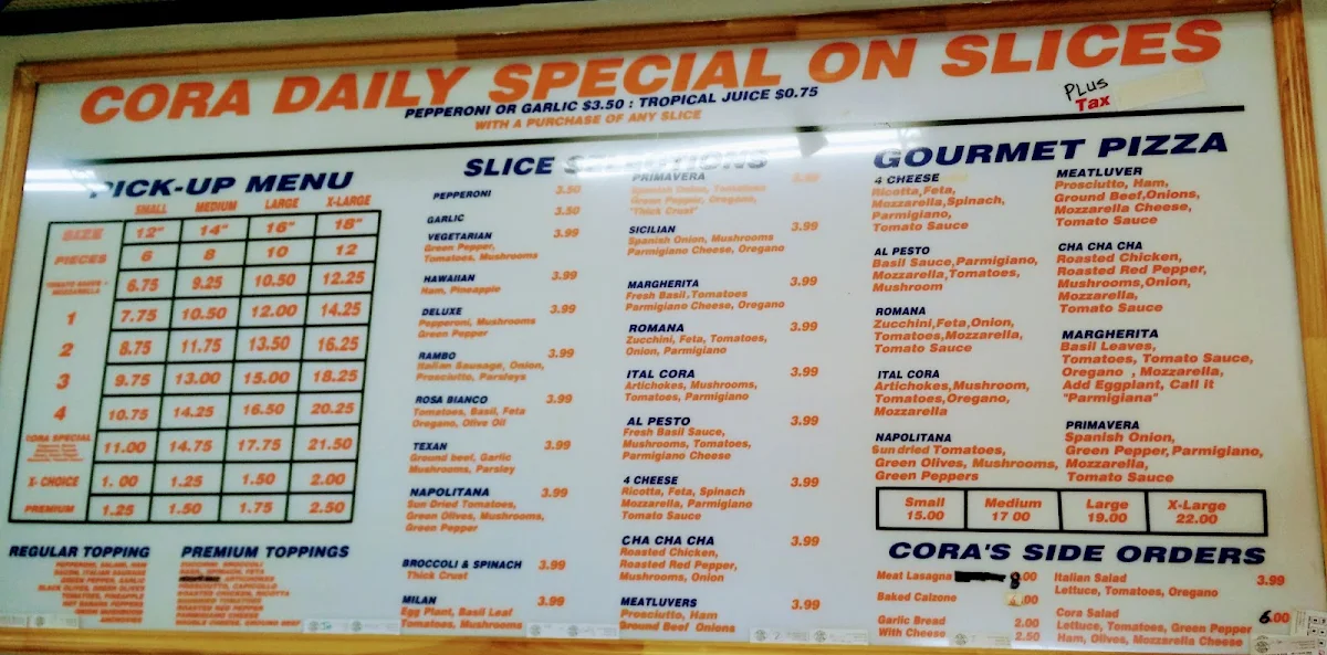 Menu, Cora Pizza
