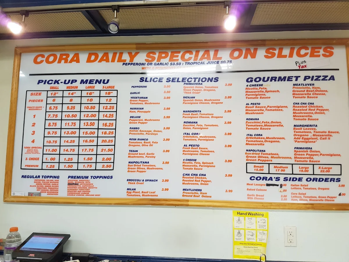 Menu, Cora Pizza