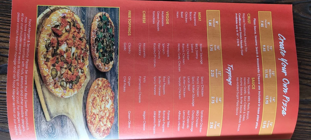 Menu, Red Swan Pizza