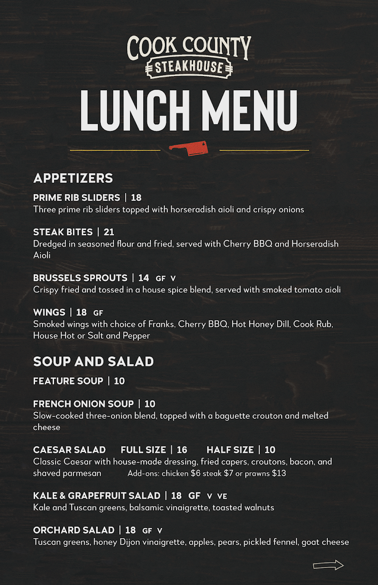 Menu, Cook County Steakhouse