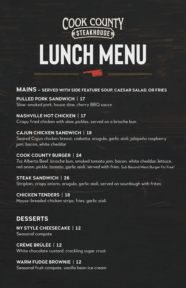Menu, Cook County Steakhouse