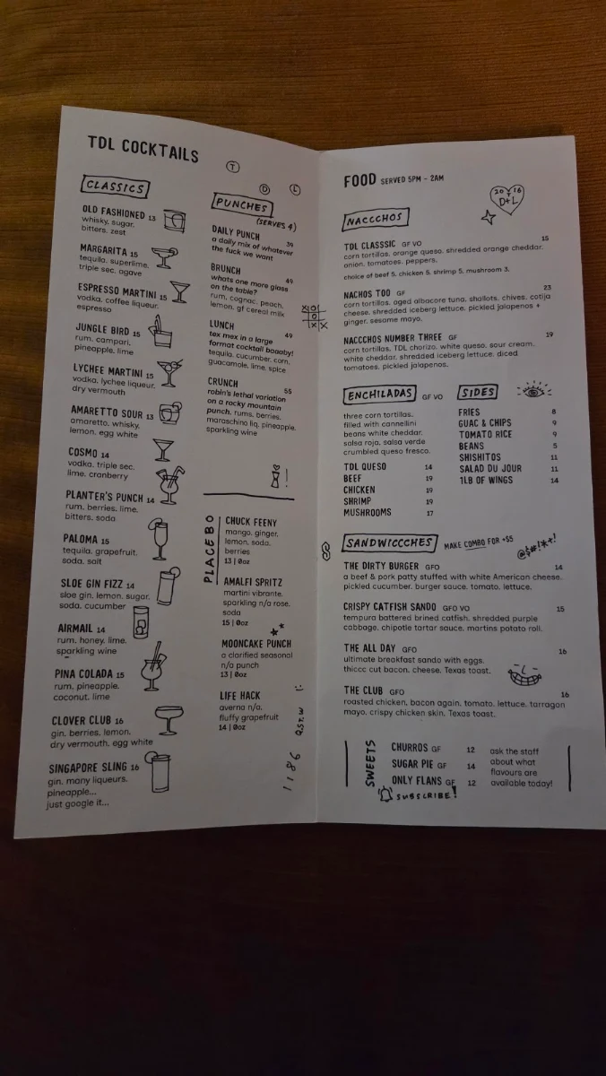 Menu, The Dirty Laundry Bar