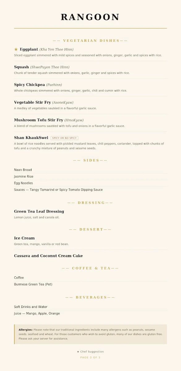 Menu, Rangoon Restaurant