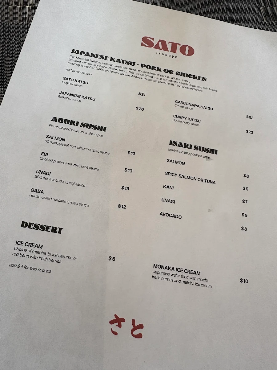 Menu, Sato Izakaya