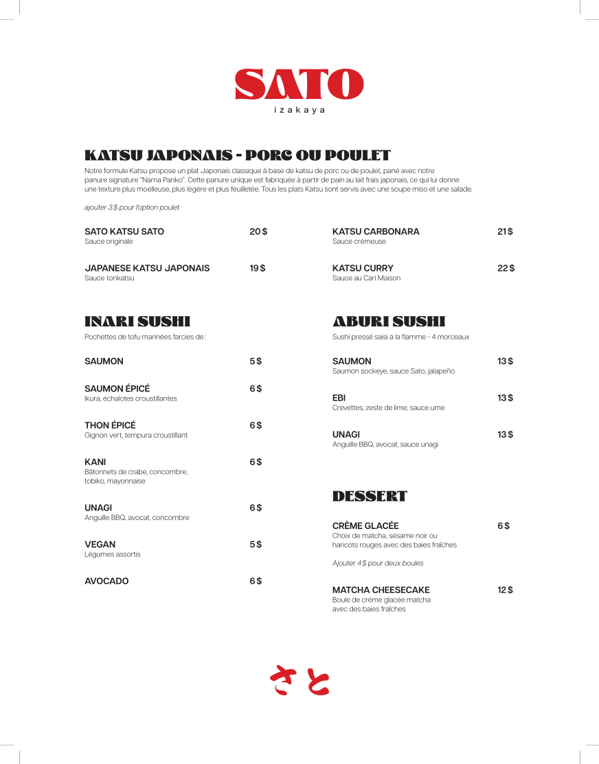 Menu, Sato Izakaya
