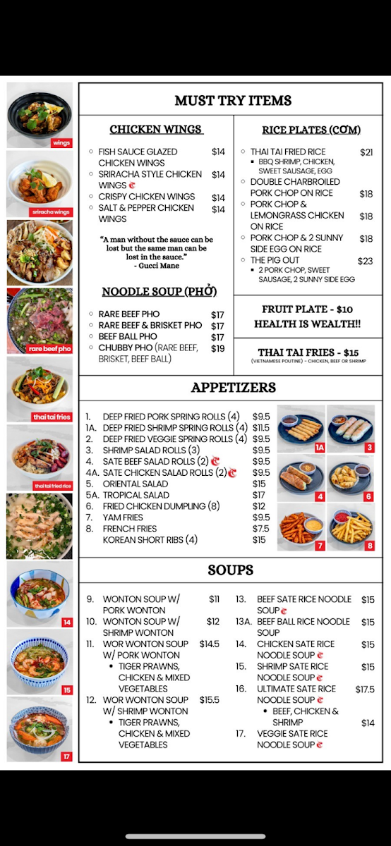 Menu, Thai Tai Vietnamese