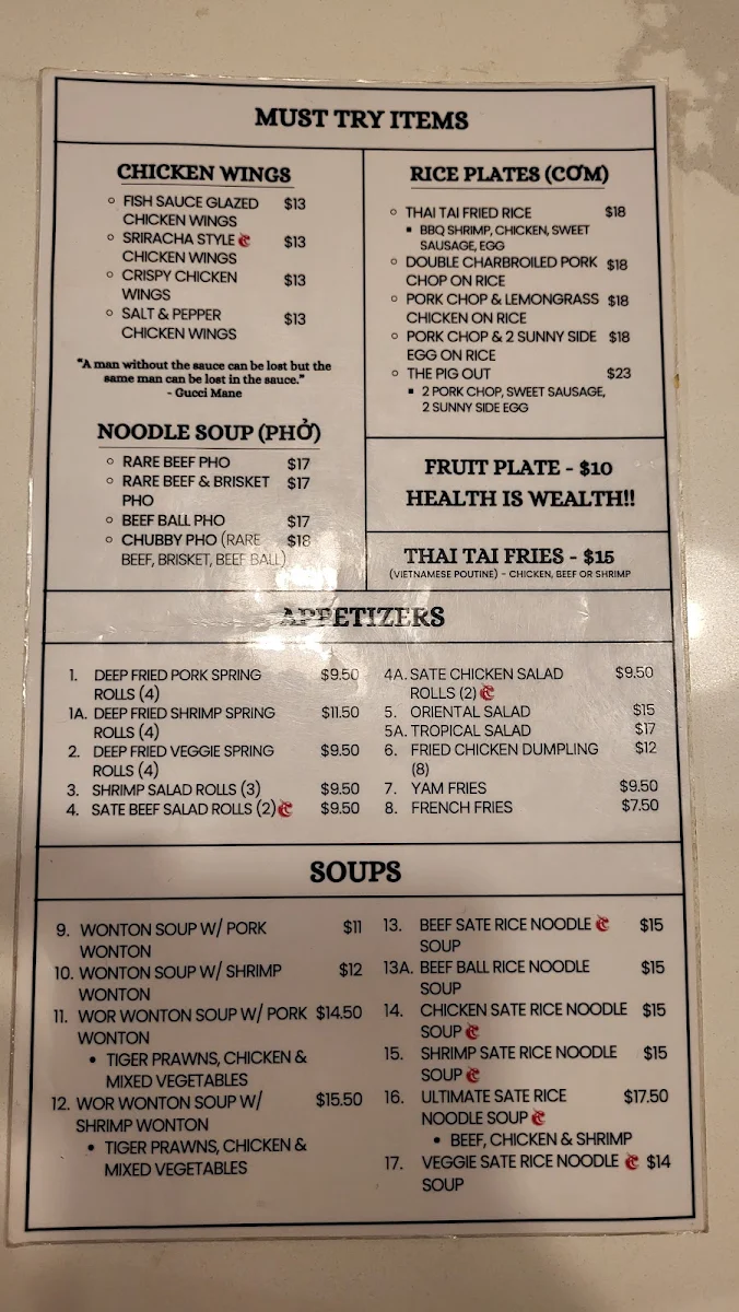 Menu, Thai Tai Vietnamese