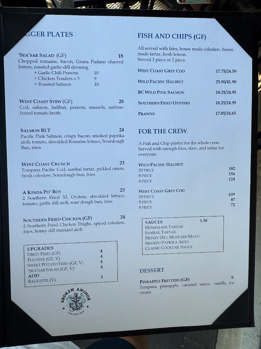 Menu, Broken Anchor Cafe and Catering