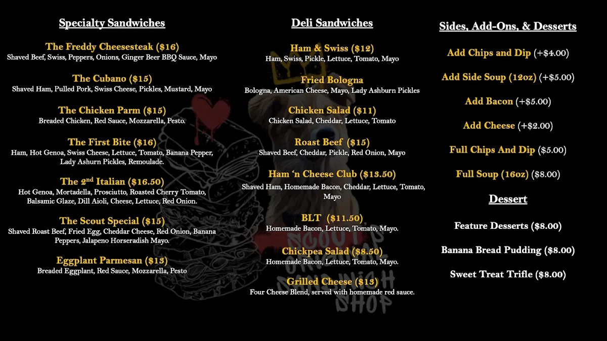 Menu, Scout's Original Sandwich Shop