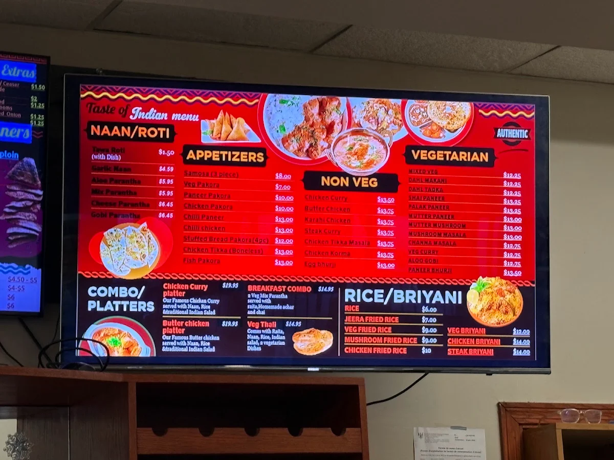 Menu, Taste of India Restaurant