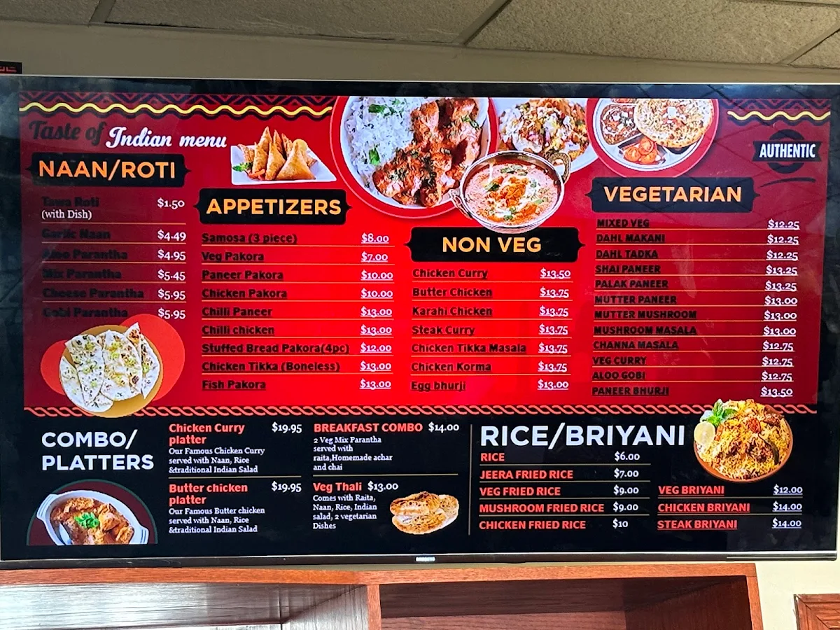 Menu, Taste of India Restaurant