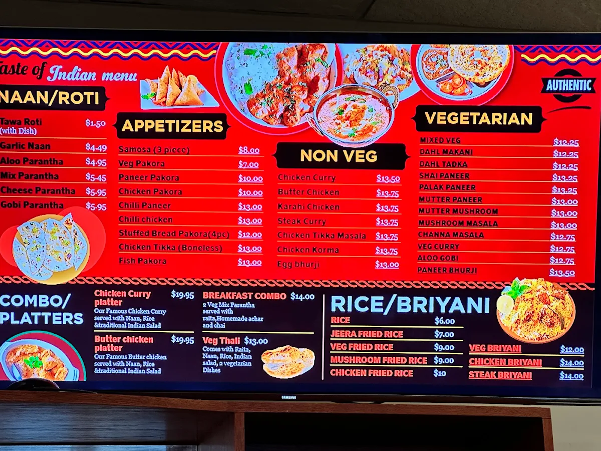 Menu, Taste of India Restaurant
