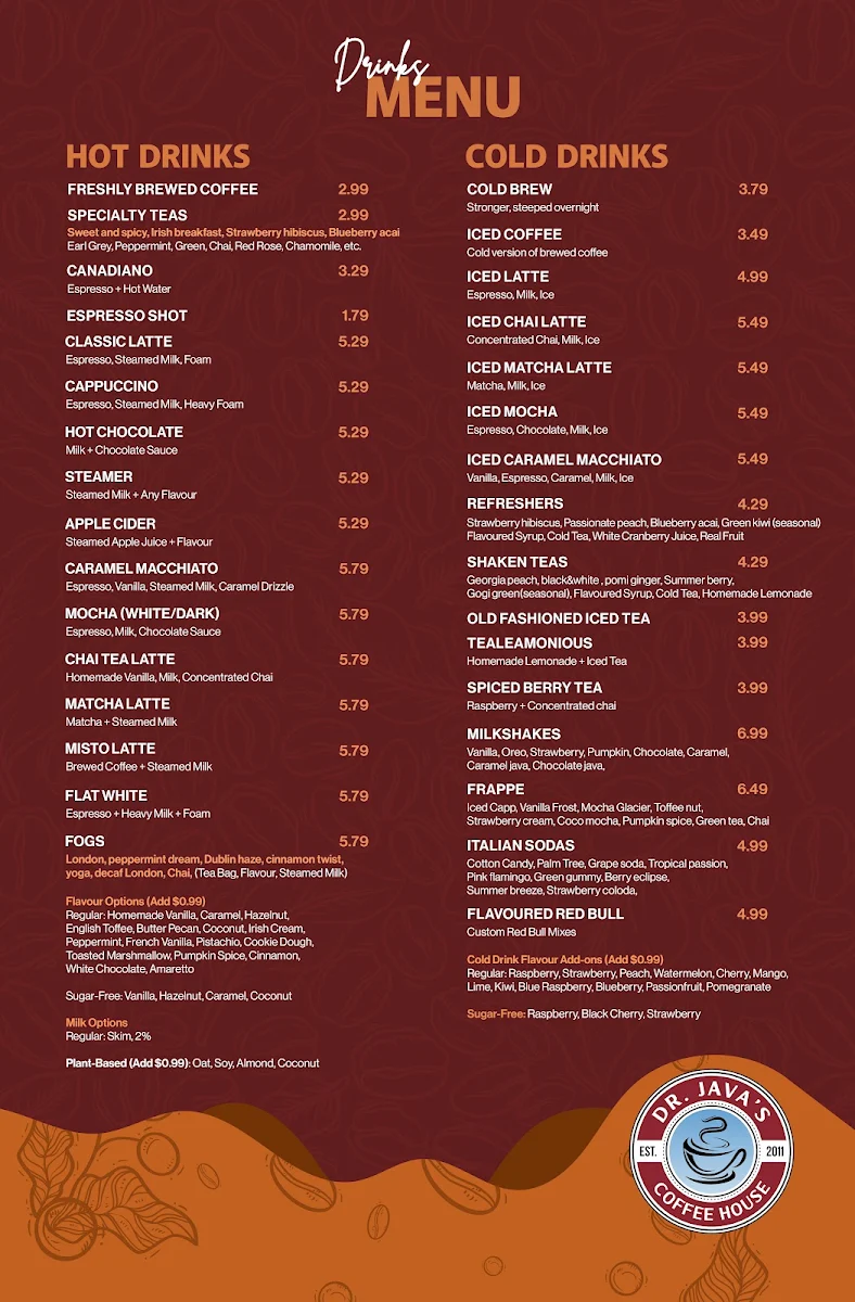 Menu, Dr. Java's Coffee House