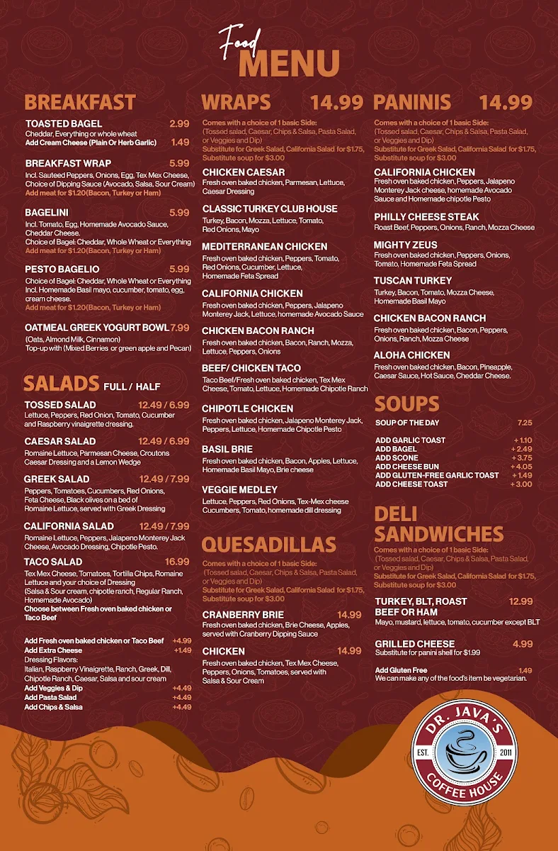 Menu, Dr. Java's Coffee House