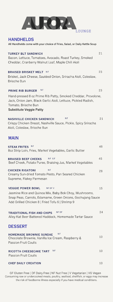 Menu, Aurora Lounge