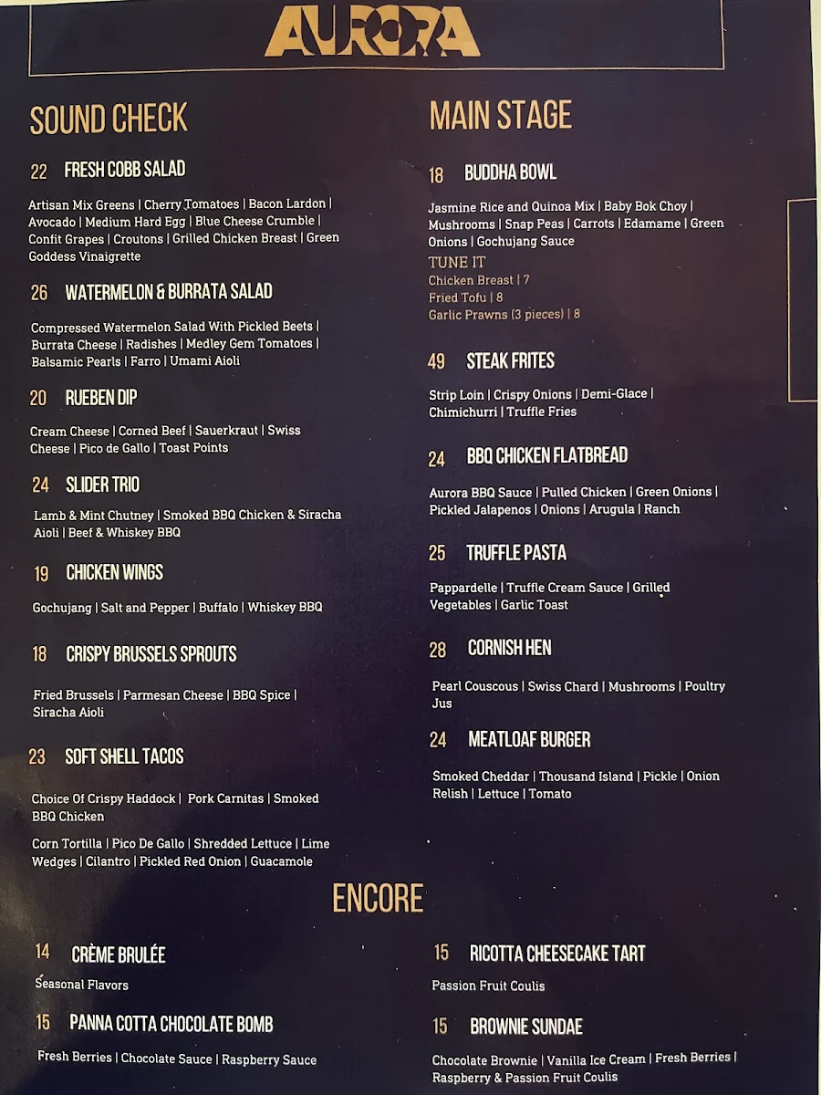 Menu, Aurora Lounge
