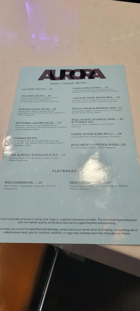 Menu, Aurora Lounge