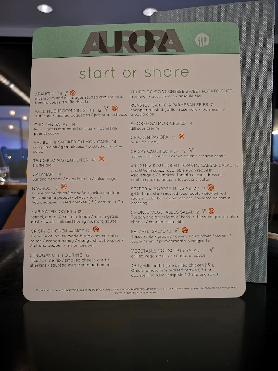 Menu, Aurora Lounge