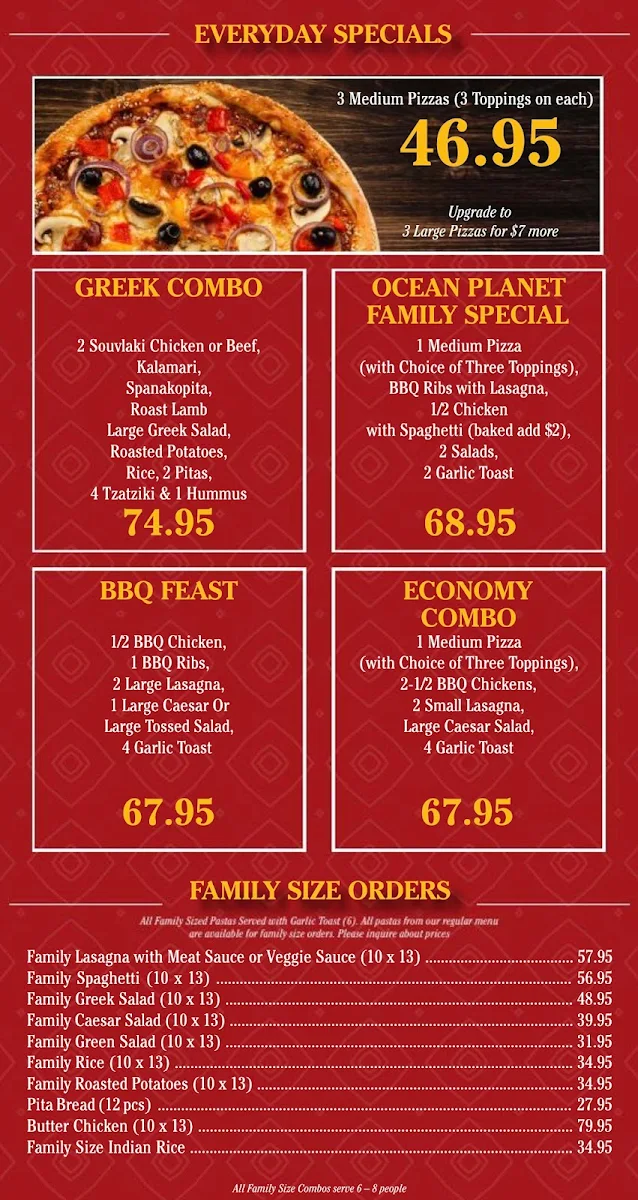 Menu, Ocean Pizza Planet