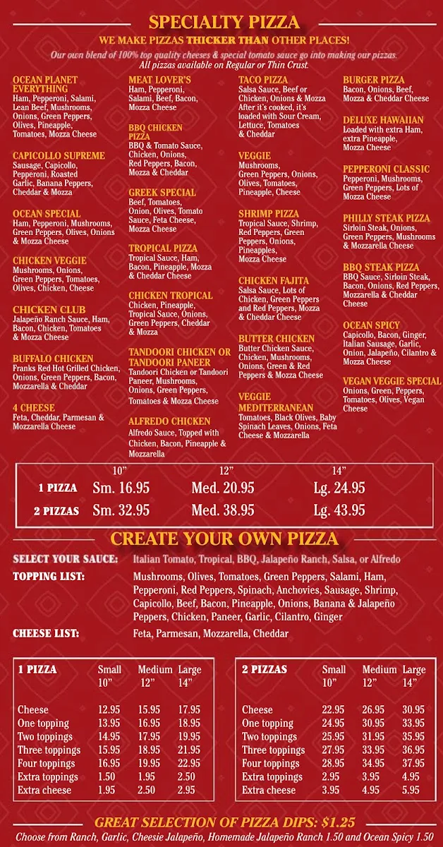 Menu, Ocean Pizza Planet