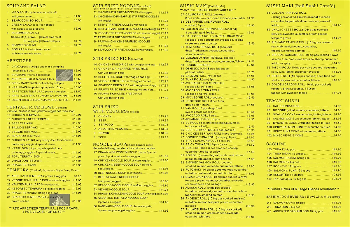 Menu, Wasabi Sushi Wonton House