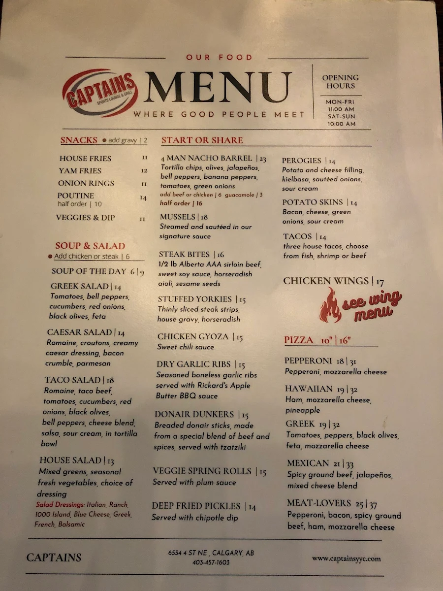Menu, Captains Sports Lounge & Grill
