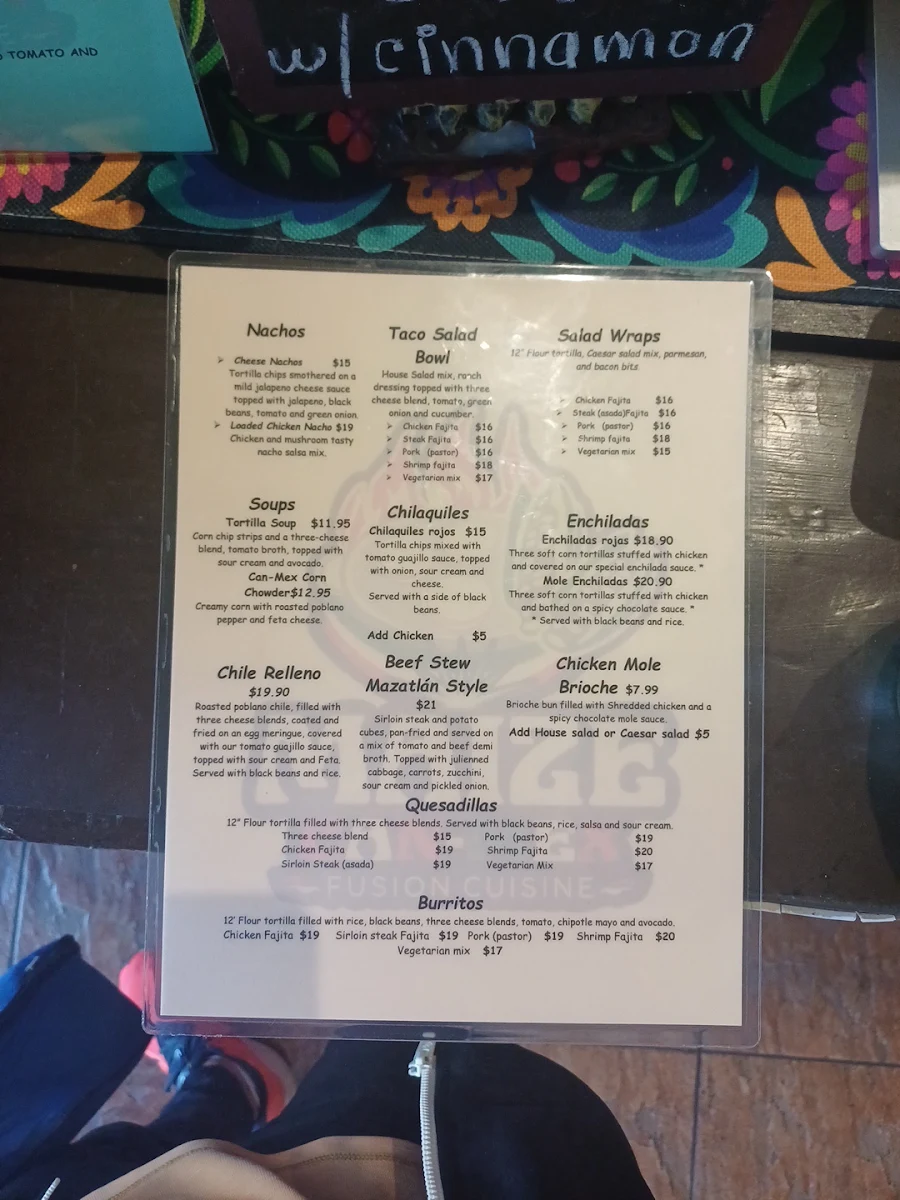 Menu, The New Mexican Village Fusión Cuisine