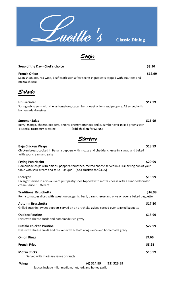 Menu, Lucille's Classic Dining Restaurant