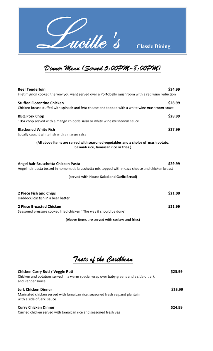 Menu, Lucille's Classic Dining Restaurant