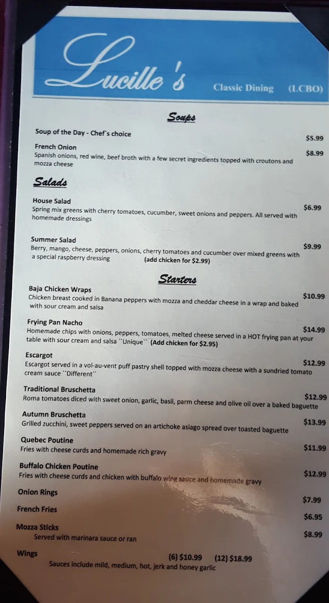 Menu, Lucille's Classic Dining Restaurant