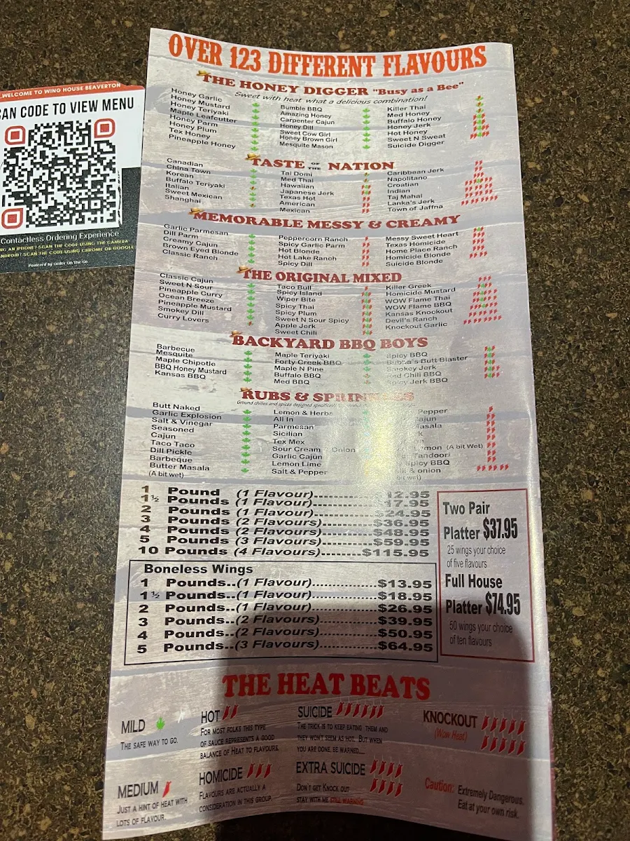 Menu, Wing House Beaverton