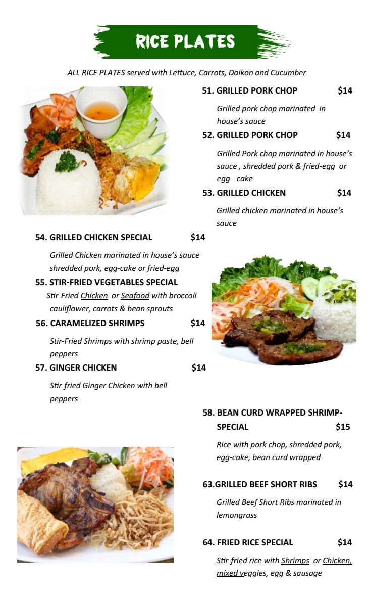 Menu, Green Leaf Vietnamese Bistro