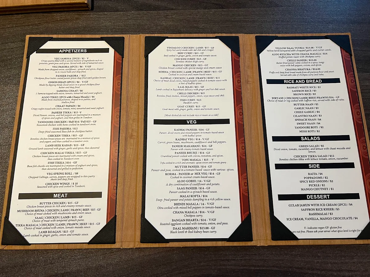 Menu, Made in India Restaurant