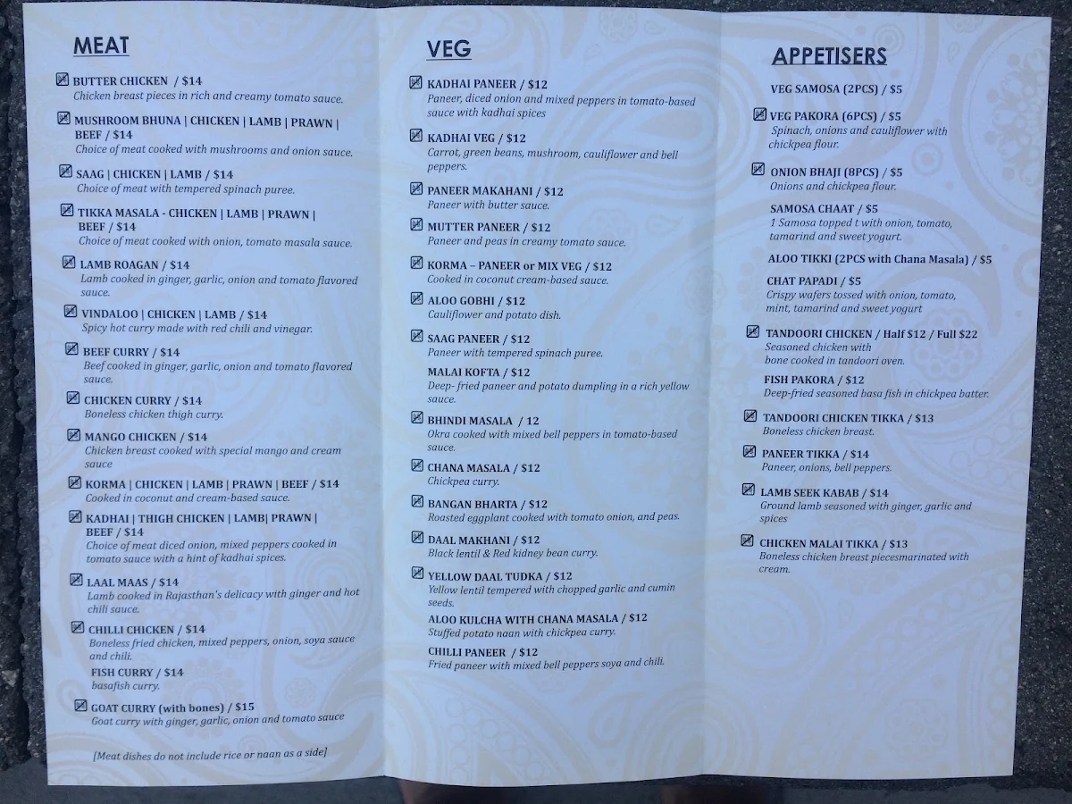 Menu, Made in India Restaurant