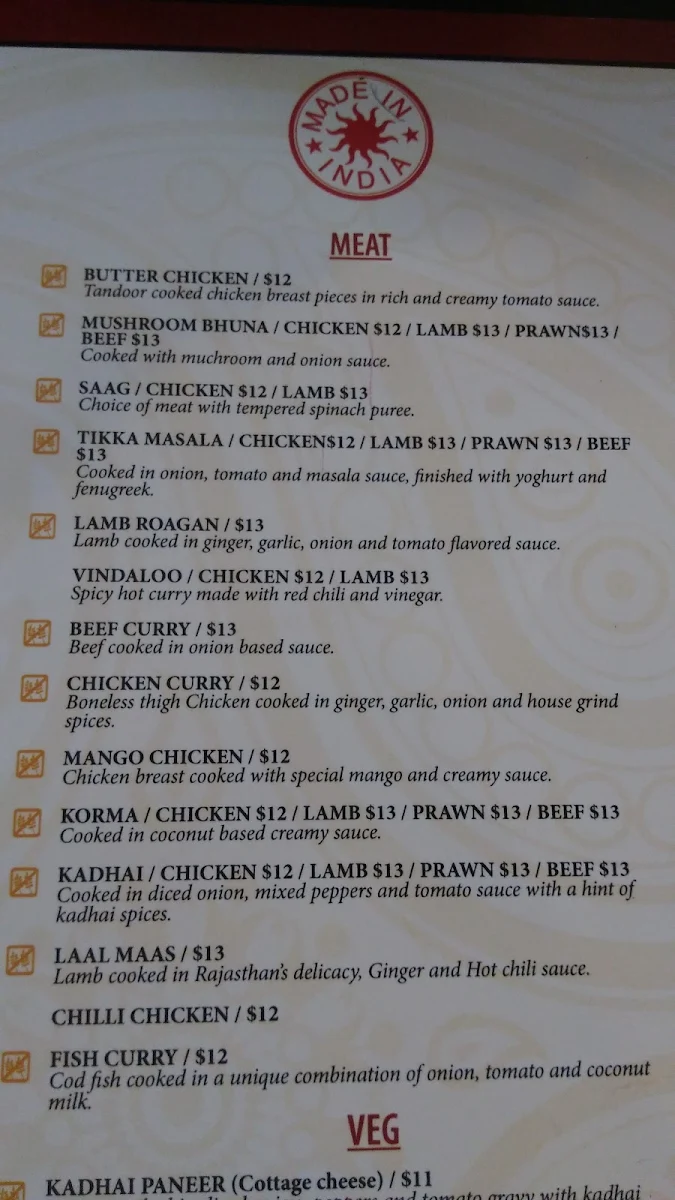 Menu, Made in India Restaurant