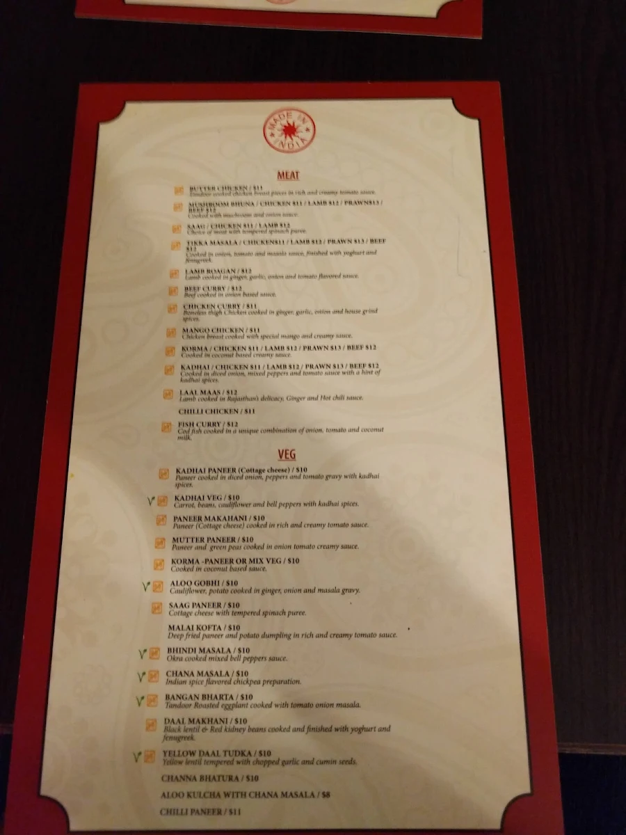 Menu, Made in India Restaurant