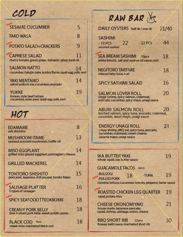 Menu, Hashi Izakaya