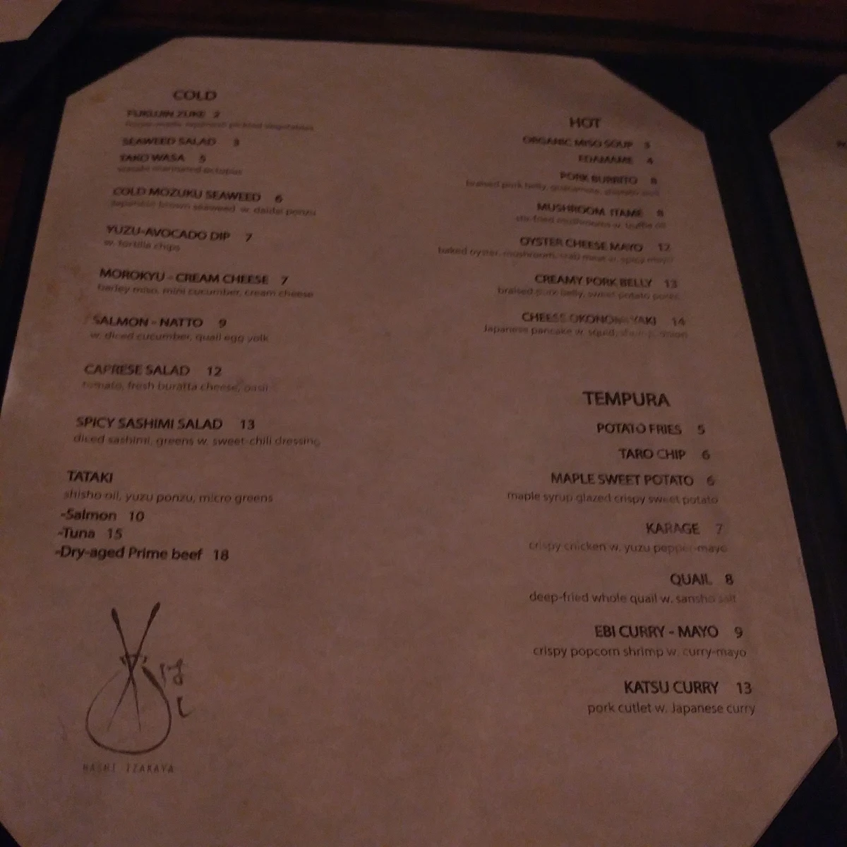 Menu, Hashi Izakaya